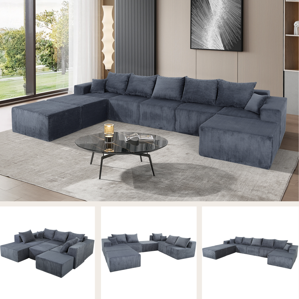 8-Piece Modular U-Shaped Sectional Sofa, Large Convertible Couch with Oversized Chaise Lounge and Bed, Luxury Corduroy Upholstery, No Assembly Needed, Family Sofa Set for Living Room,Grey