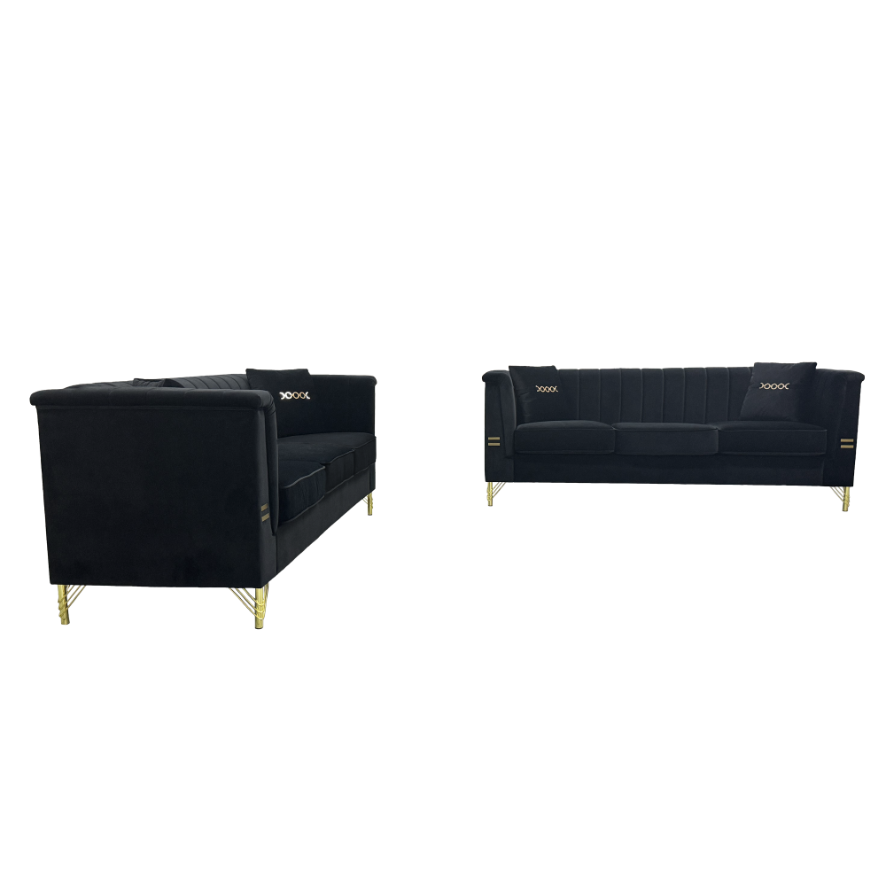 FX-P82-2PC SOFA -BK3  Black Velvet Sofa Set of 2, Two Modern 3-Seater Sofas with Plush Cushions & Gold-Tone Metal Legs  Stylish Living Room Couch Set for Homes, Apartments, and Guest Areas