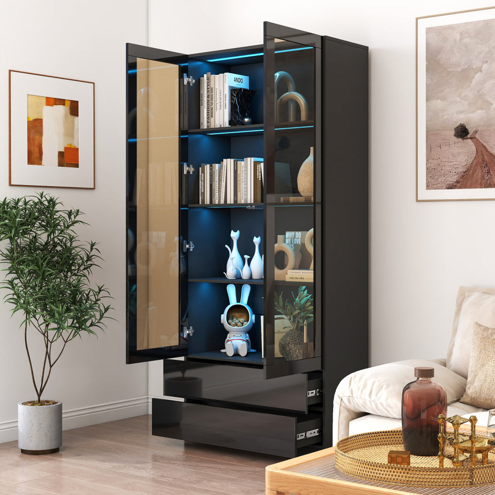 Display Cabinet with Glass Doors, Curio Storage Cabinet with 2-Drawer, Bookcase with LED Lights, Black