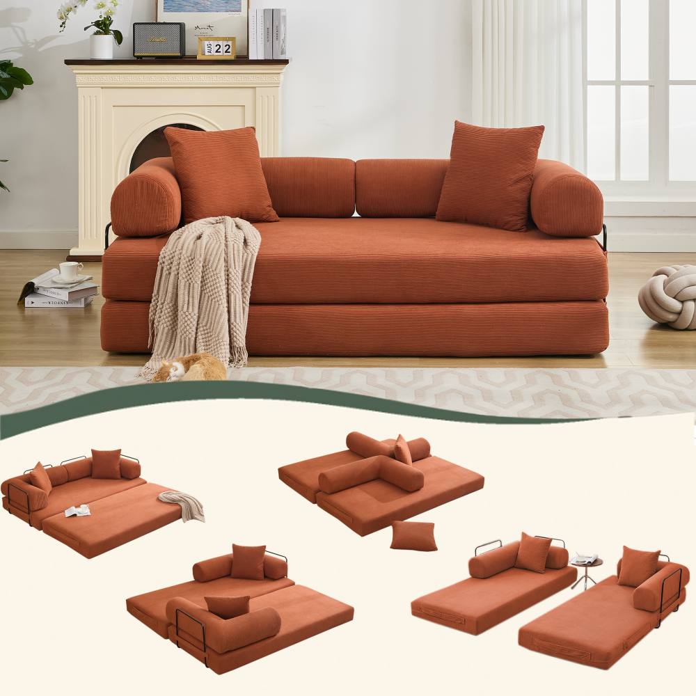 [NEW ARRIVED] [VIDEO PROVIDED] 78.5" Folding Convertible Out Sleeper Sofa Bed,5-in-1 DIY Combination Convertible  Sofa, 3 seat, Folding Sleeper Sofa, King Size , Bedroom,Apartment,Corduroy,Ancora Red