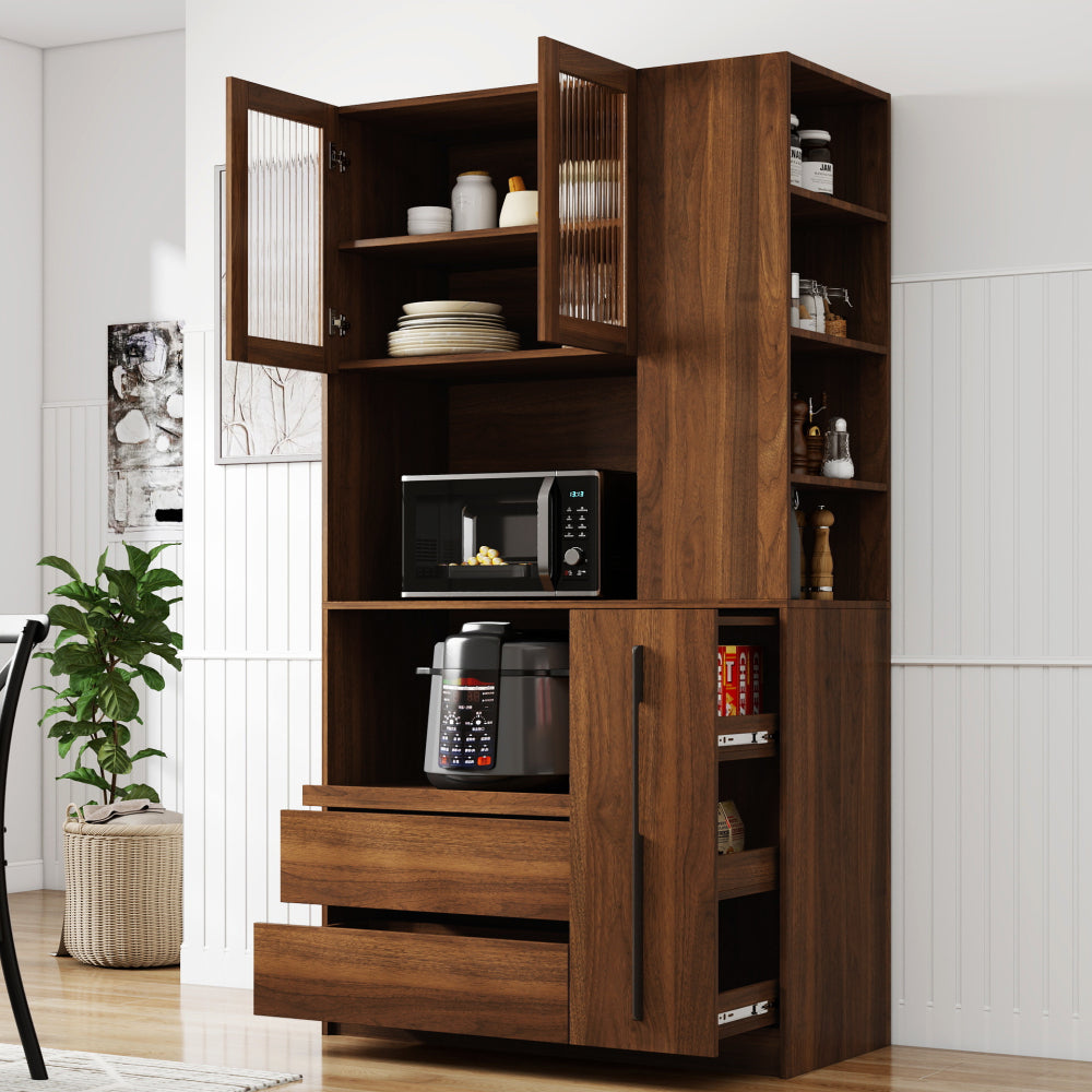 70.87" Tall Kitchen Pantry Cabinet with multi-functional pull-out multi-tier storage shelf,  4-Tier side Shelf, 2 Drawers,with Glass Door,Freestanding Food Hutch with Microwave Stand for Dining Room