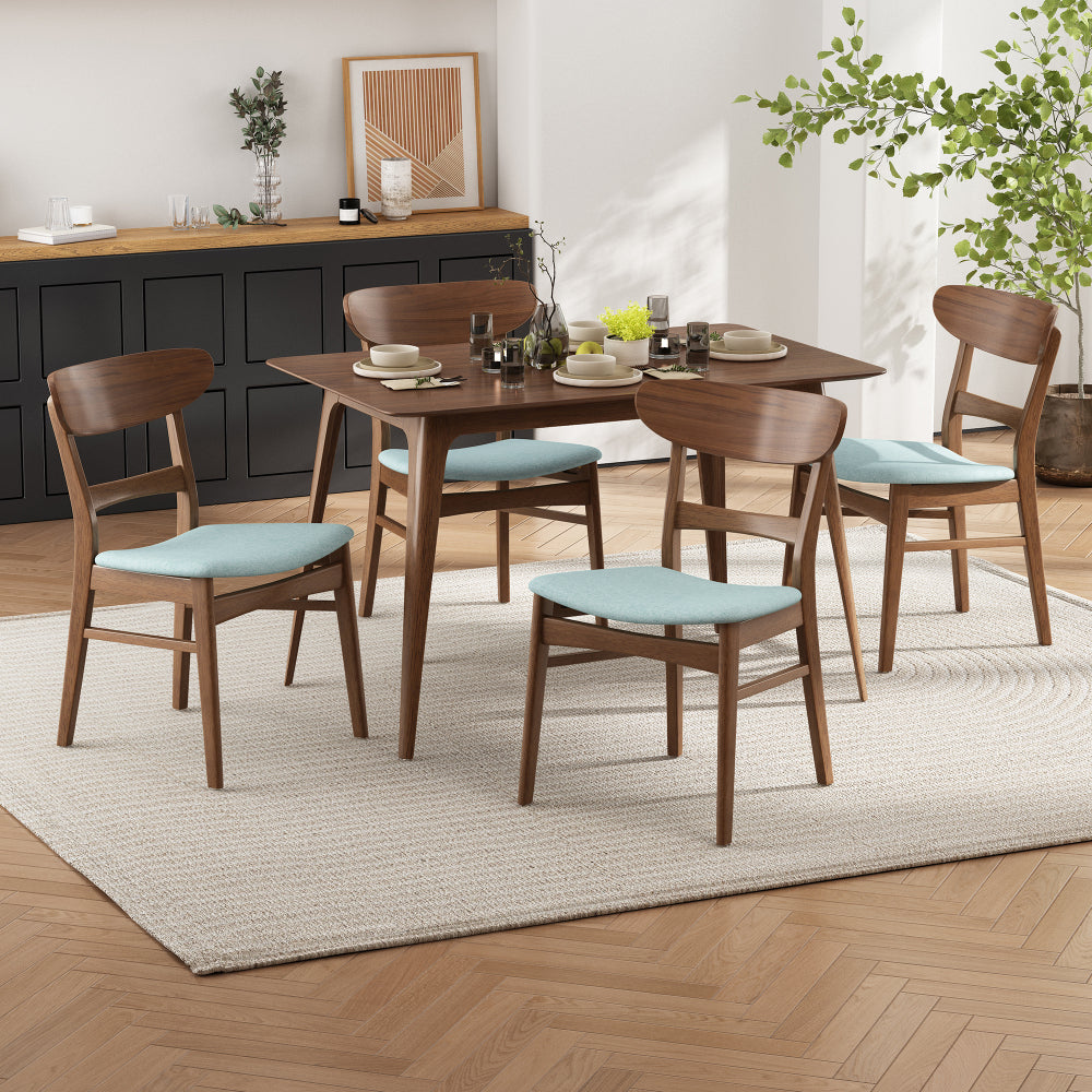 Mid-Century Modern 5-Piece Dining Set, Rubberwood Frame, One Table and 4 Upholstered Chairs, Black +Light Gray