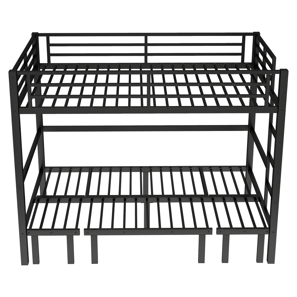 Twin XL over Twin XL size pull-out Metal Bunk Bed, lower bunk can be pulled out in three sections, top bunk equipped with safety rails, black.