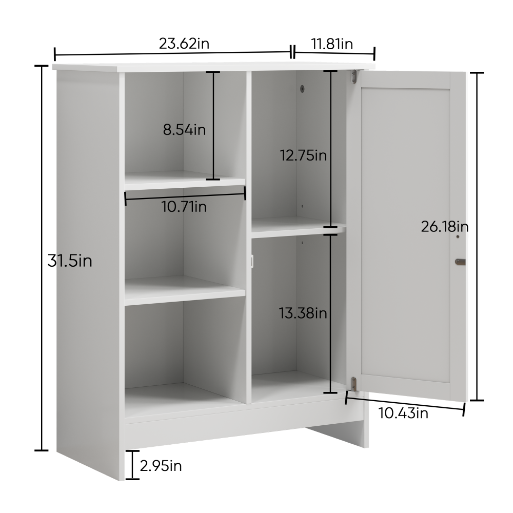 Bathroom Cabinet, Kitchen Freestanding Storage Rack, 23.62" x 11.81" x 31.5" Floor Storage Cabinet with 1 Cabinet, 3 Open Compartments, Adjustable Shelves, White