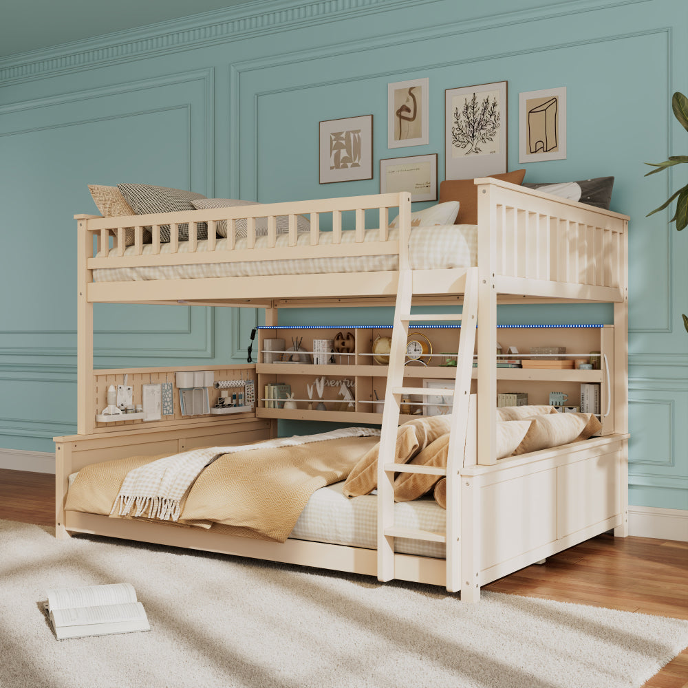 Twin XL over Queen Bunk Bed with Integrated Shelving, Color-Changing Lights and Pegboard, Beige