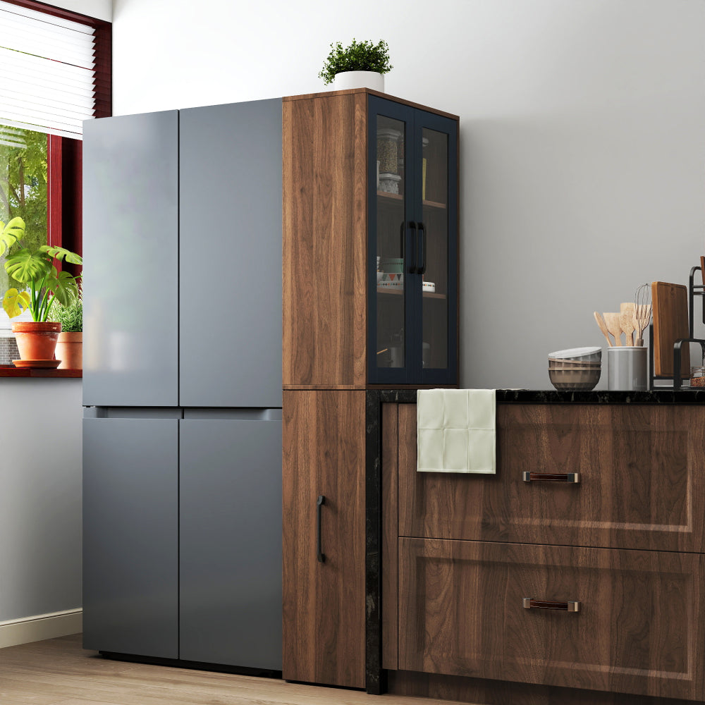 70.87" H Display Storage  Cabinet , 4 Tier multi-functional pull-out multi-tier storage shelf & 2 Glass Doors, Modern Wooden  Kitchen Pantry Cabinet for Living Room or Kitchen and Dinning Room