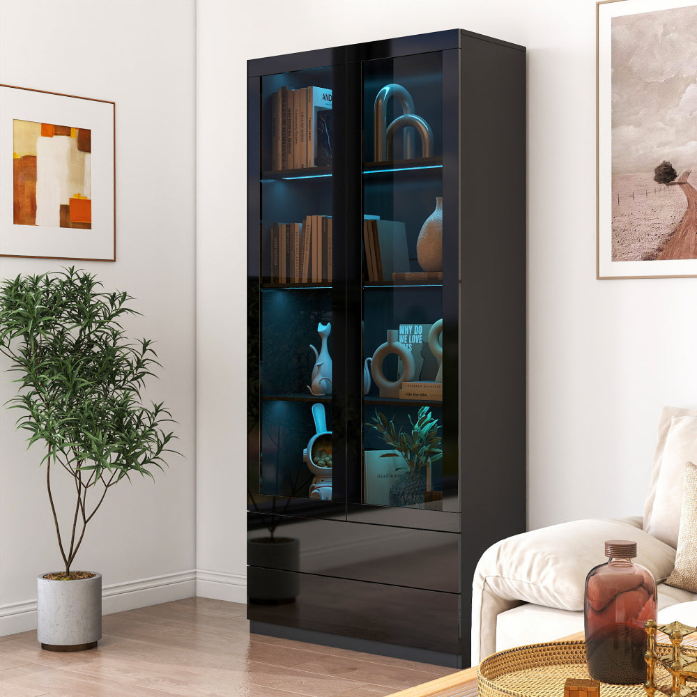 Display Cabinet with Glass Doors, Curio Storage Cabinet with 2-Drawer, Bookcase with LED Lights, Black