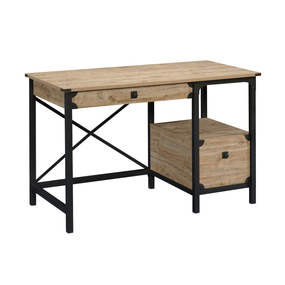 Sauder Steel River Rustic Industrial Metal & Wood Pedestal Desk with Storage Drawers and Open Shelf, Coated Metal and Milled Mesquite