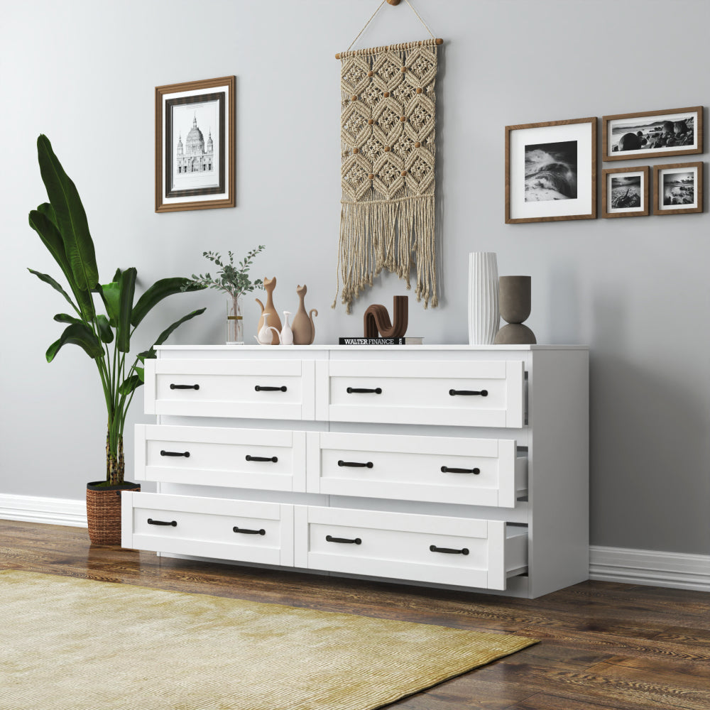 Modern white side cabinet with 6 drawers ,  Wood Chest of Drawers with Metal Handle,  Storage Organizer for Living Room , Bedroom or Hallway,  White