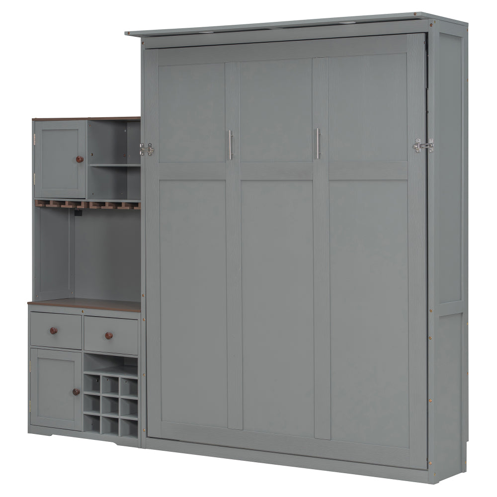 Queen Size Murphy Bed with Storage Cabinet, Wine Rack, Glass Holder, Drawers and Multi-Color LED Strip, Gray