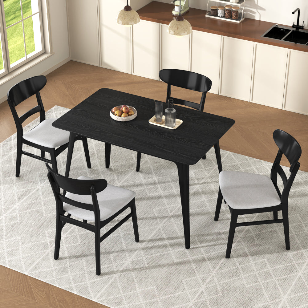 Mid-Century Modern 5-Piece Dining Set, Rubberwood Frame, One Table and 4 Upholstered Chairs, Black +Light Gray
