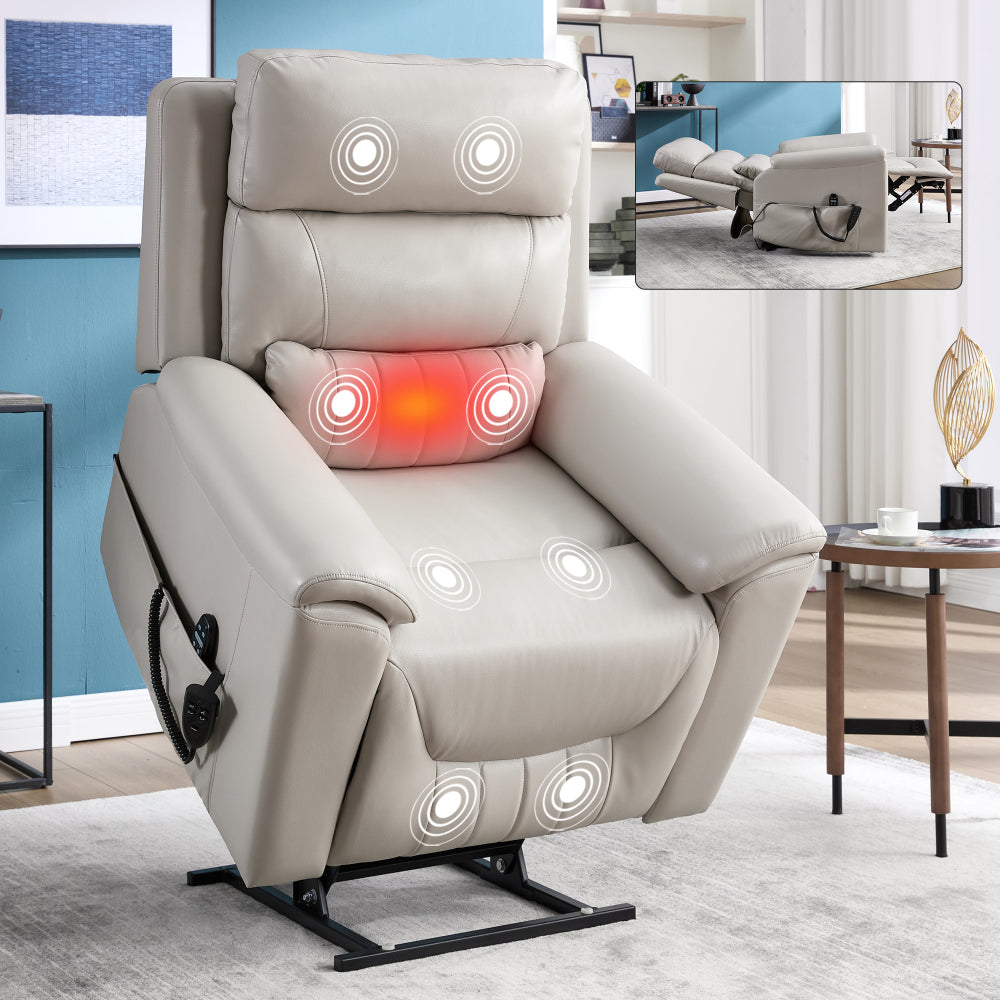 Dual Motor Infinite Position Up to 350 LBS Leatherair Power Lift Recliner Chair, Heavy Duty Motion Mechanism with 8-Point Vibration Massage and Lumbar Heating,Grey