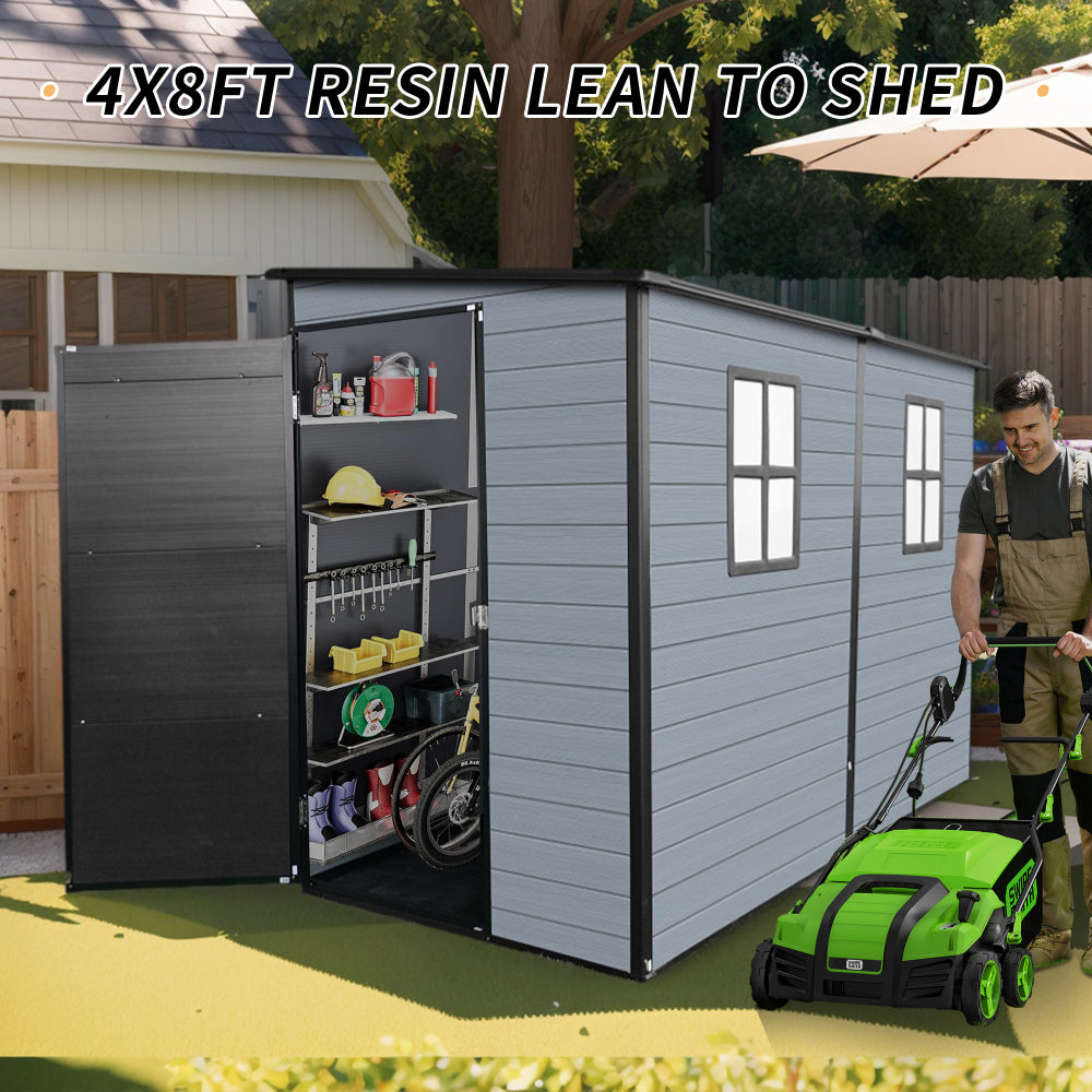 4x8ft Outdoor Resin Garden Shed with Floor and 2 Windows, Plastic Patio Outdoor Storage Shed with Lockable Door for Garden Tools, Bicycles, Trash Cans, Gray+Black
