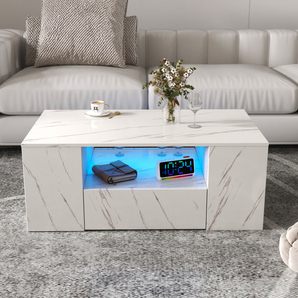 14.57 IN HIGHT LED Coffee Table ,Modern Coffee Tables for Living Room,, Storage Coffee Table, Small Coffee Table, Wood Center Table with 2 Drawers and Open Side Shelf