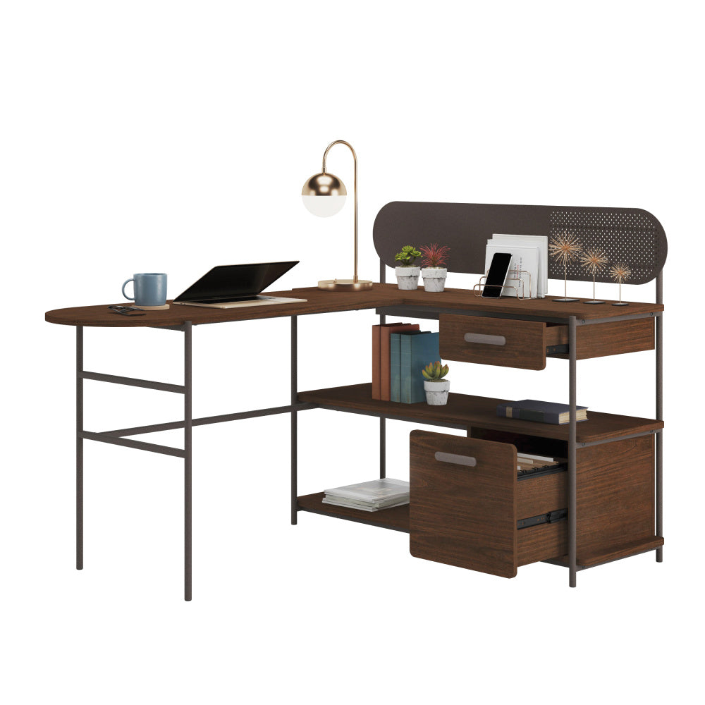 Sauder Radial Modern Metal and Wood L-Shaped Desk, Umber Wood Finish