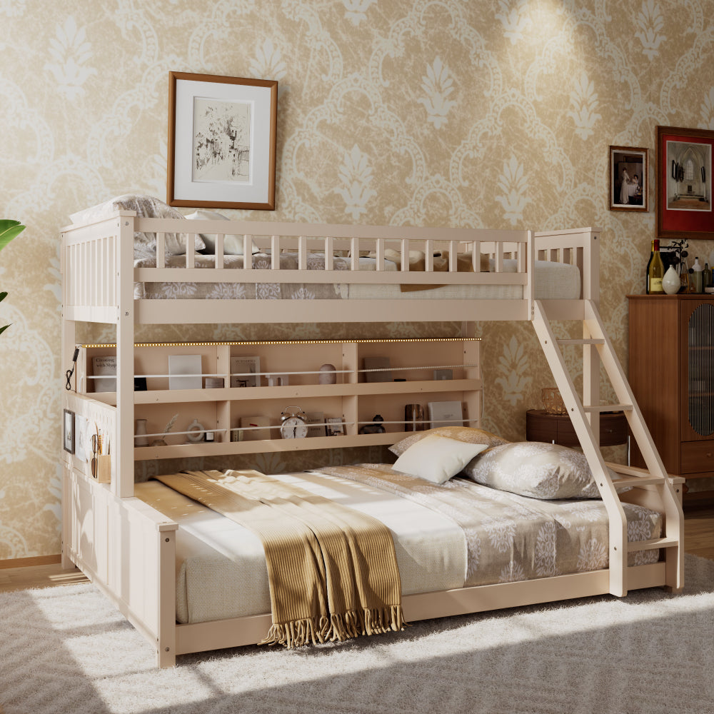 Twin XL over Queen Bunk Bed with Integrated Shelving, Color-Changing Lights and Pegboard, Beige