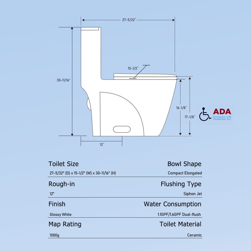 One-Piece Toilet, 1.1/1.60 GPF Water-Efficient Dual-Flush Elongated Comfort Height Floor Mounted, Standard-Size Toilet with Soft Closing Seat Included, Glossy White 25T01-GWX