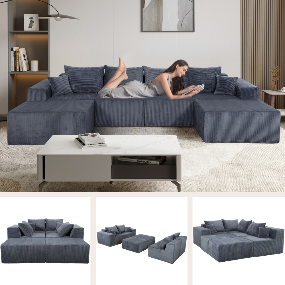 6-Piece Modular U-Shaped Sectional Sofa in Gray, Convertible Oversized Couch with Chaise Lounge, No Assembly Needed, Soft Corduroy Upholstery, Modern Family Living Room Furniture