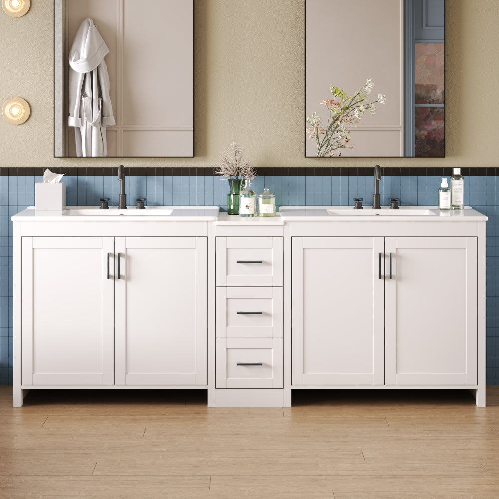 60" Bathroom Vanity with SMC Sink, Modern Large Storage Bathroom Storage Cabinet with Soft Close Drawers and Rattan Doors, Silver Metal Knobs and 5 Pine Legs, Natural