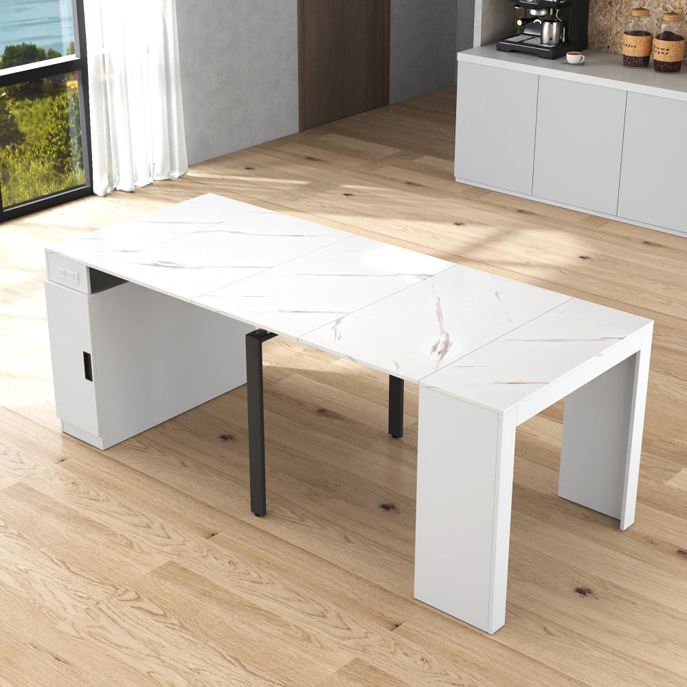 Modern Multifunctional Extendable Dining Table with Outlet, Space Saving Expanding Table with Storage for Party, Weddings, Meetings, Celebrations