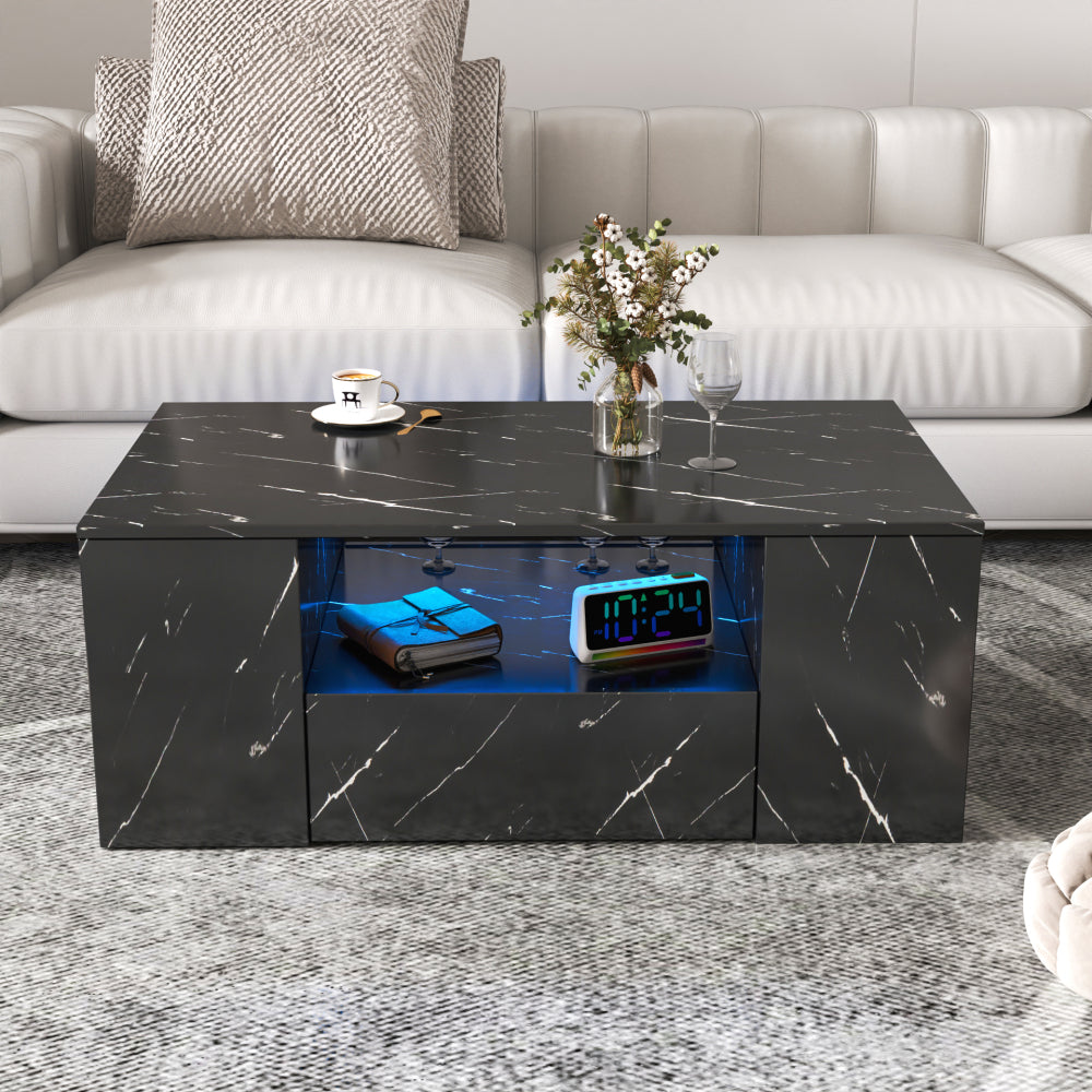 14.57IN High LED Coffee Table ,Modern Coffee Tables for Living Room, , Storage Coffee Table, Small Coffee Table, Wood Center Table with 2 Drawers and Open Side Shelf