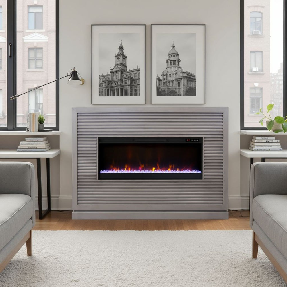 Riviera 64 inch Fireplace Mantel, Minimal Assembly, Solid Wood, Sandstone Finish