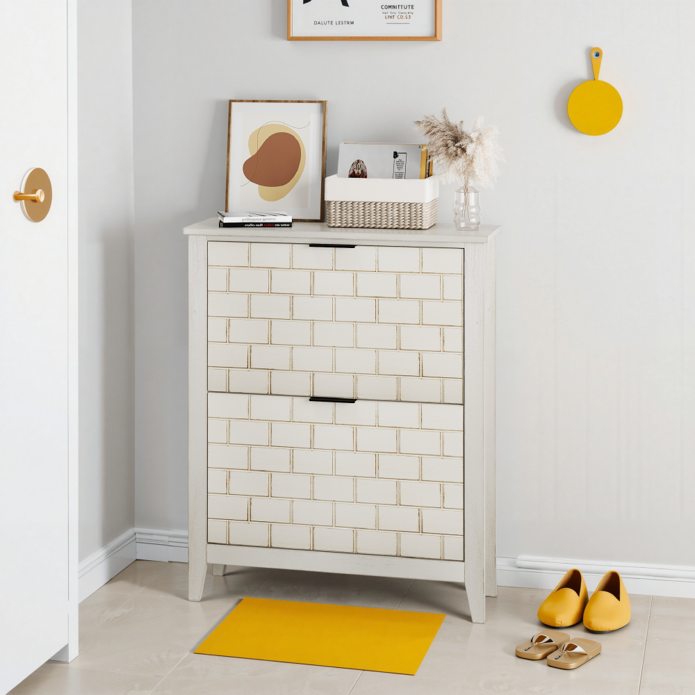 31.5 Inch  Retro White Shoe Storage Cabinet, Mid-Century Vintage Freestanding Shoe Cabinet, Shoe Cabinet with 2 Flip Drawers, Suitable for Hallway and Entryway, Staircase Corner