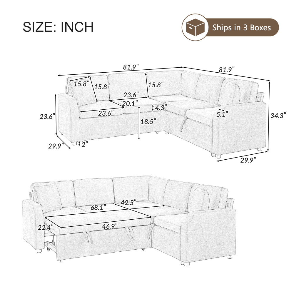 Sectional Sofa Bed L-shaped Sectional 81.9" Upholstered L-shaped Sofa with a Sofa Sleeper and a Hidden Storage Compartment for Living Room, Gray