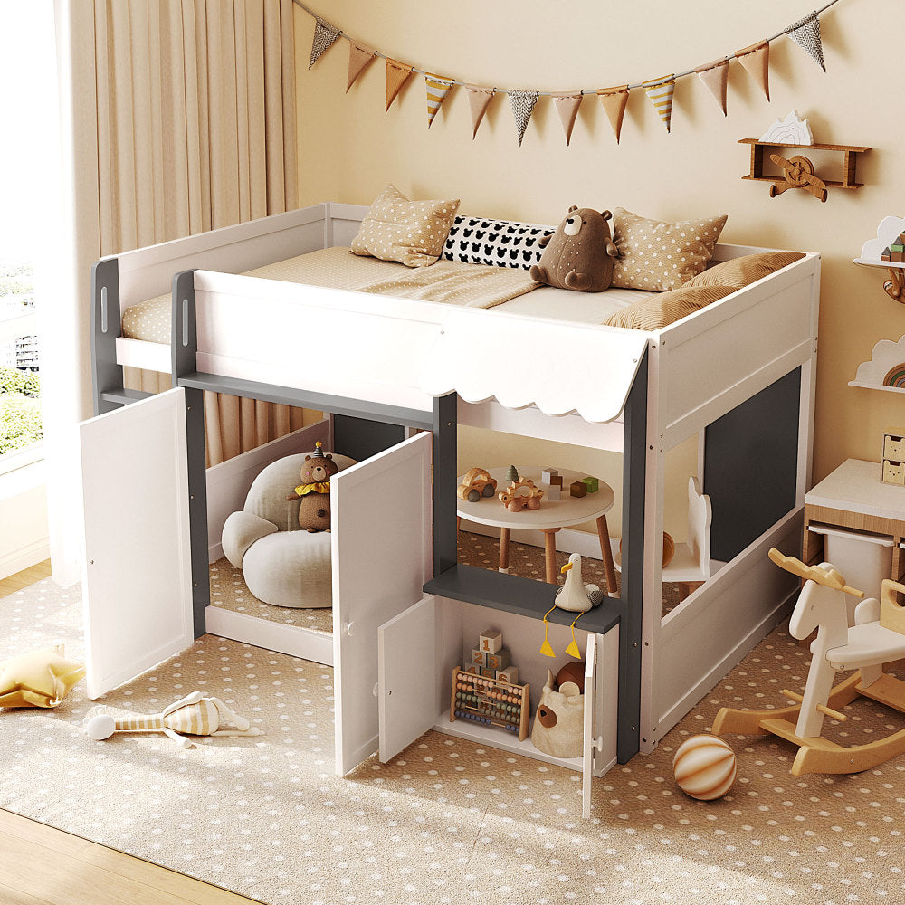 Full Loft House Bed with Playhouse & Storage, Modern Wood Cabin Bed for Kids/Teens, White+Pink