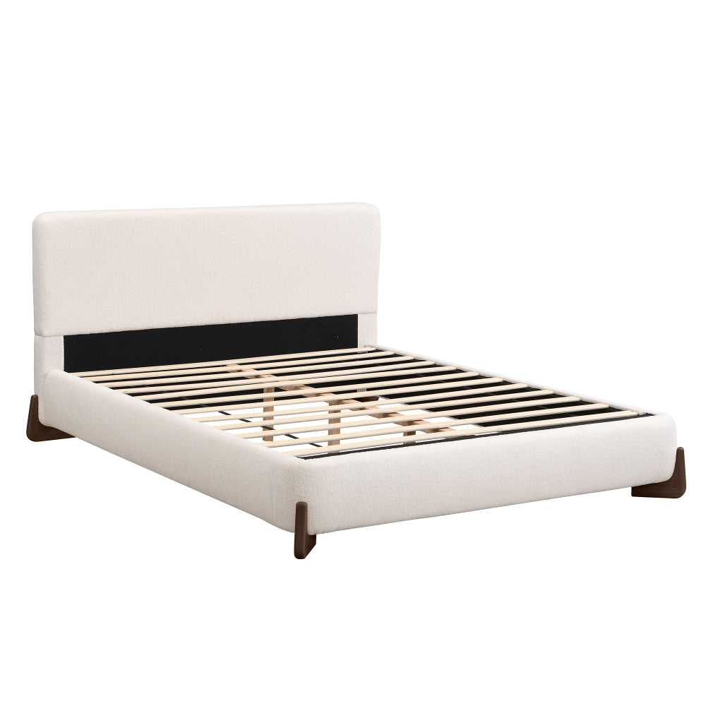 Elegant terry upholstered bed with dark brown solid wood legs, luxurious and comfortable bedroom centerpiece, queen size, white