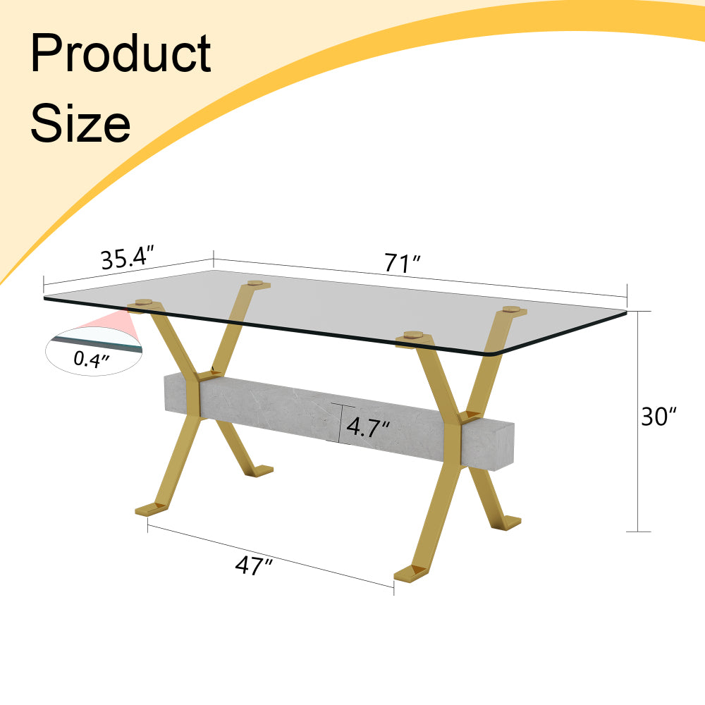Modern tempered glass dining table. Large modern office desk with gold plated metal legs and gray MDF crossbars, suitable for both home and office use. Kitchen. 71 ''x35.4''x30 ''W1151S02350