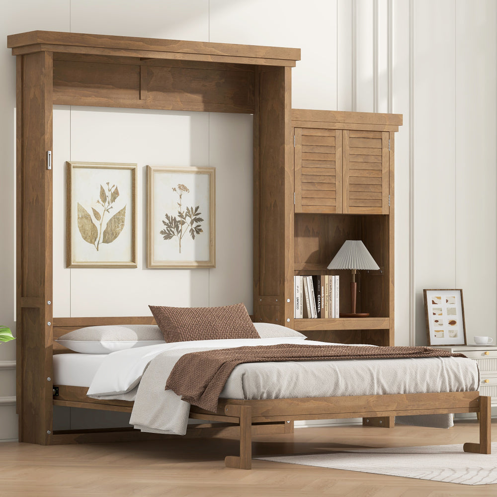 Queen Size Murphy Bed with Multiple Storage Shelves and Louvered Style Decoration, Wood Color