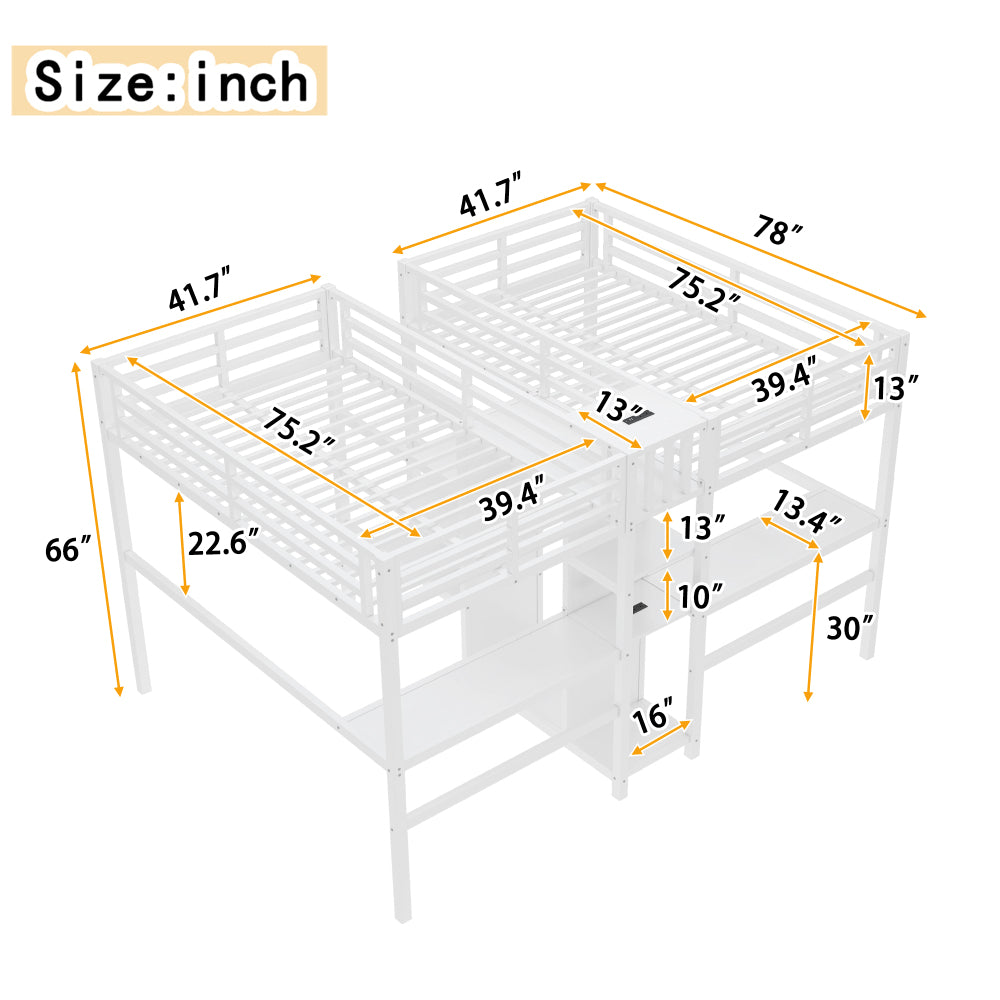 Twin Over Twin Metal Loft Bed with Double Desk and Wardrobe and Shelves with Electrical Outlet for Space Saving and Noise Reduction,White