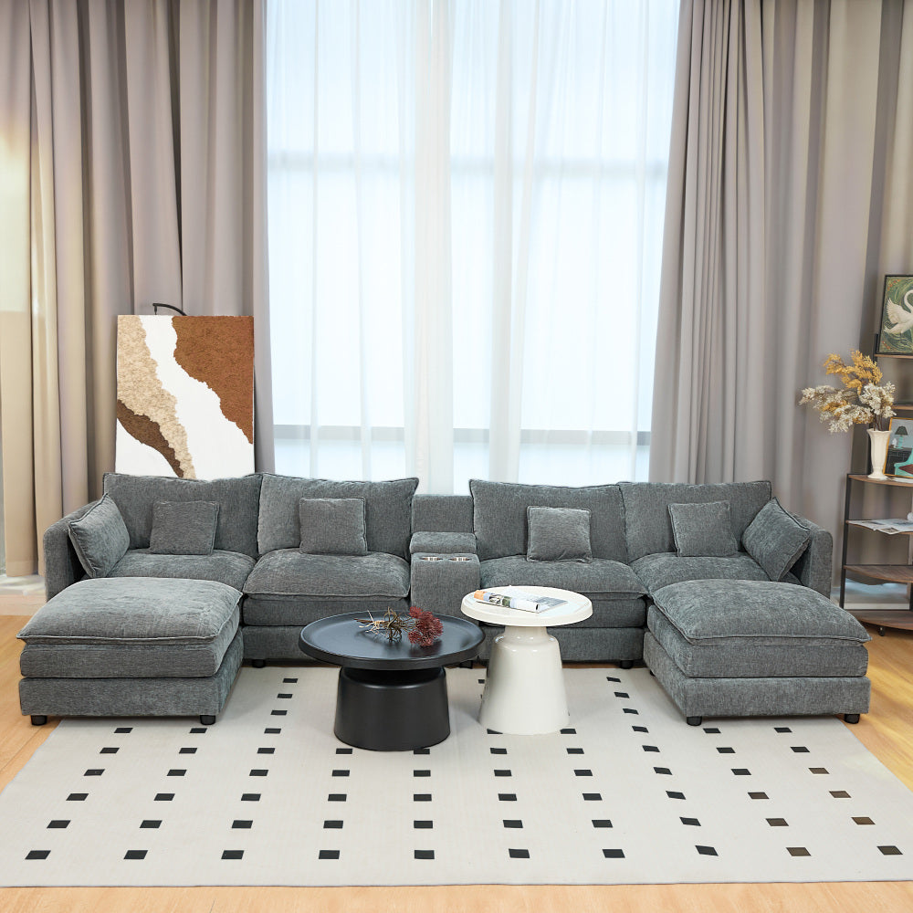 U Shaped Sectional Cloud Couch for Living Room,144" Comfy Fluffy Modular Sofa with Movable Ottoman Modern Chenille 6 Seat Sectional Sofa Set with Storage Box, Cup Holders, Grey