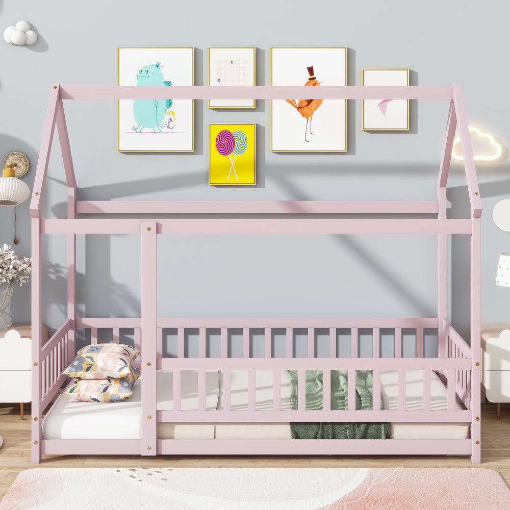 Twin Size House Floor Wooden Bed with Roof Frame,Safety Guardrails,Natural (Old Sku W504P286404)