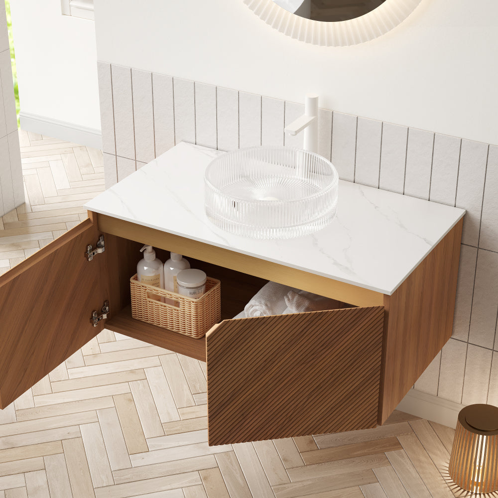 RUBEN 36" Bathroom Vanity&Sink, Floating Plywood Storage Cabinet, Twill Double Doors with Metal Trim, Transparent Round Glass Vessl Basin&Carrara White Sintered Stone Top, Corolla Oak Woodgrain Color
