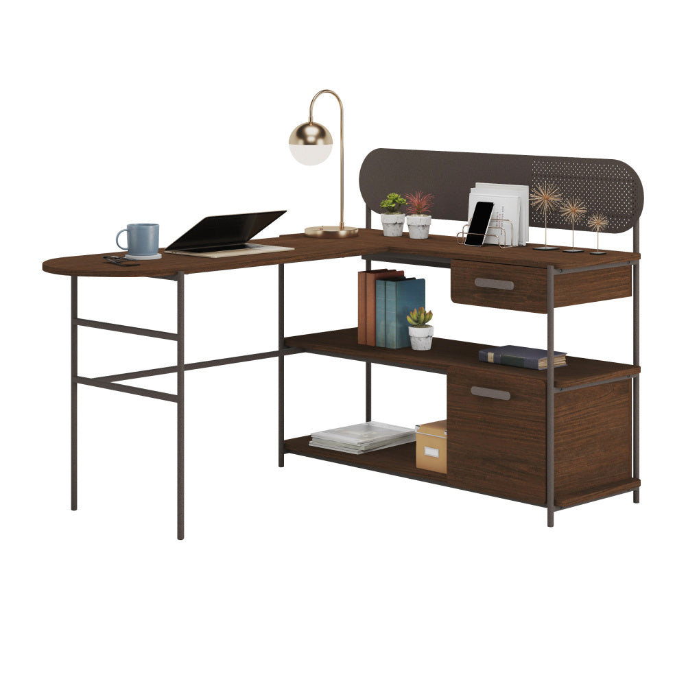 Sauder Radial Modern Metal and Wood L-Shaped Desk, Umber Wood Finish