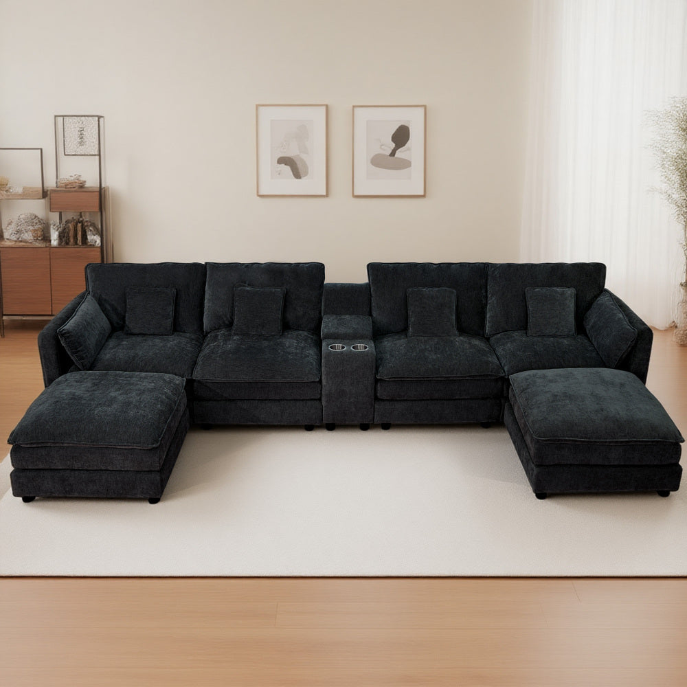 U Shaped Sectional Cloud Couch for Living Room,144" Comfy Fluffy Modular Sofa with Movable Ottoman Modern Chenille 6 Seat Sectional Sofa Set with Storage Box, Cup Holders, Grey