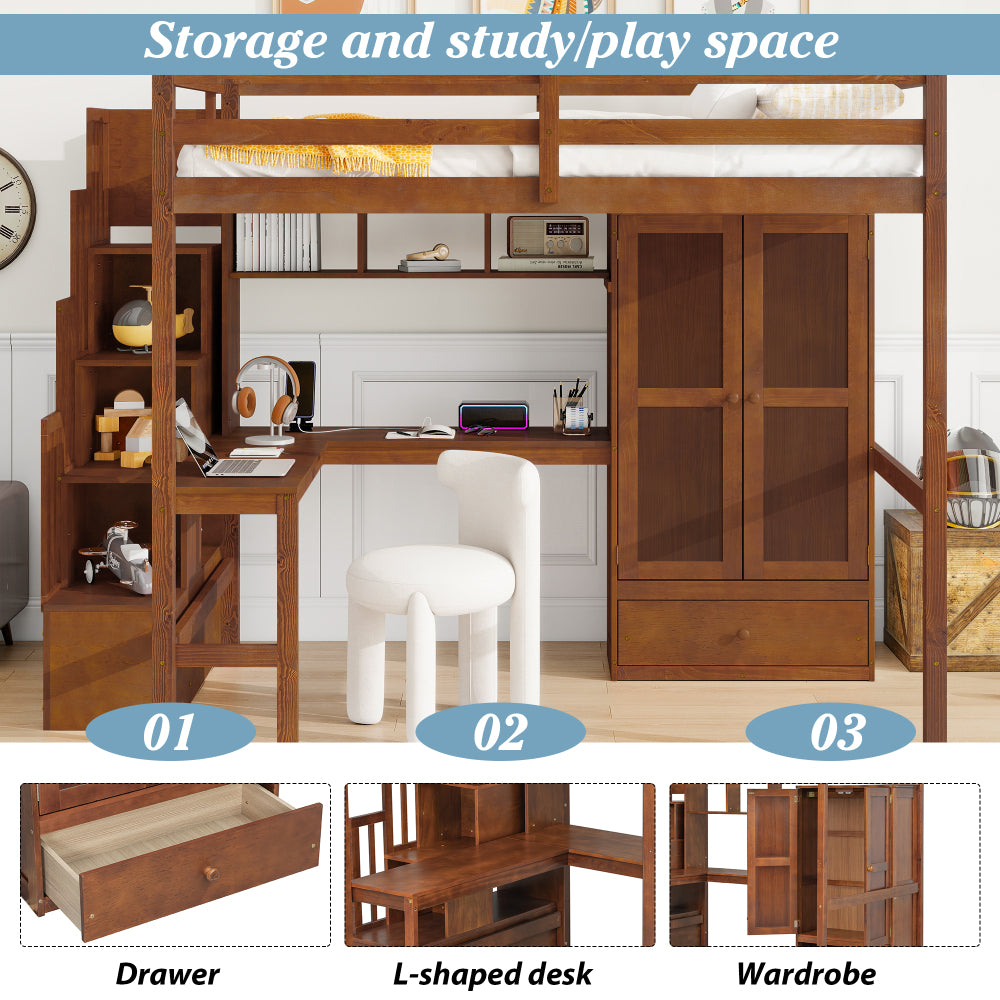Full Size Loft Wood Bed with Desk, Book shelves and Wardrobe with Doors and Drawer, Built-in Staircase with Storage Shelves, Loft Bed with Safety Guardrails and Solid Slats,Walnut