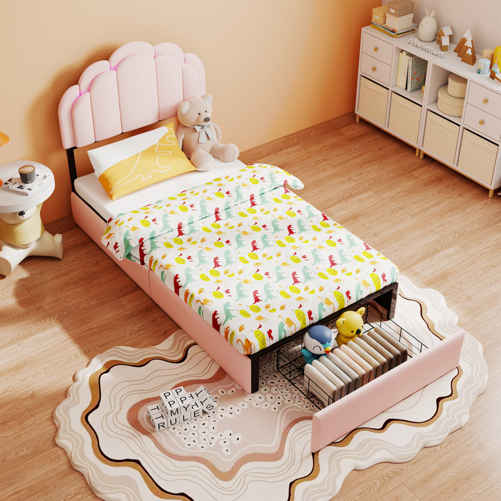 RGB LED Upholstered Platform Bed with Petal Headboard & Storage Drawers, Velvet Kids Bed