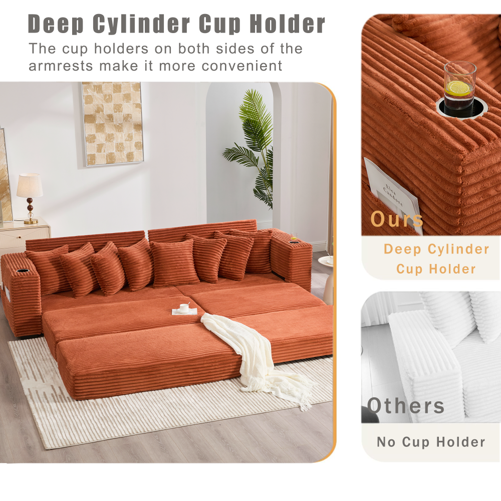 [NEW ARRIVED] [VIDEO PROVIDED]   110.75" Modular L Shaped Sofa, Corduroy Fabric Sectional Couch,With a movable footstool, Cup Holders,Bring 8 throw pillows,Side Pocket,Unfold into a Bed,Orange