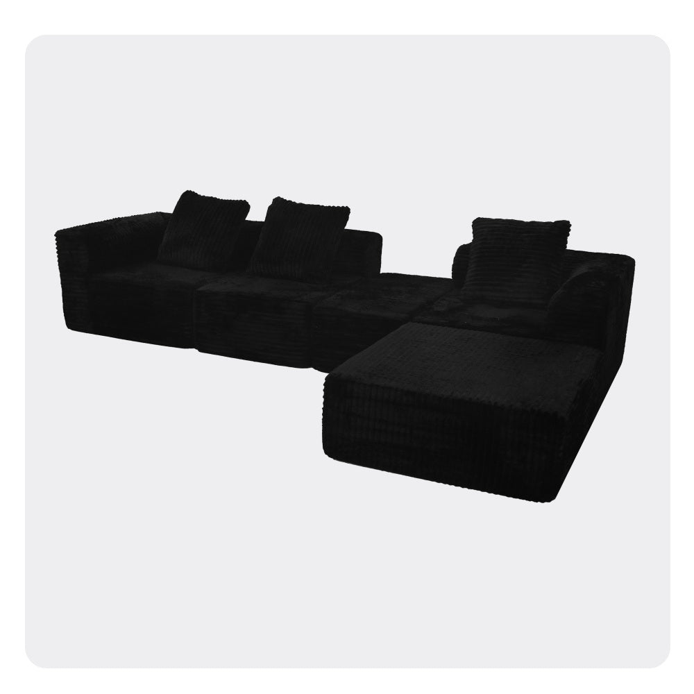 Modular Sectional Sofa Black Couches 4 Seat Modular Foam Sectional Couches for Living Room with 1 Ottoman, Cloud Couch with Oversized Chaise