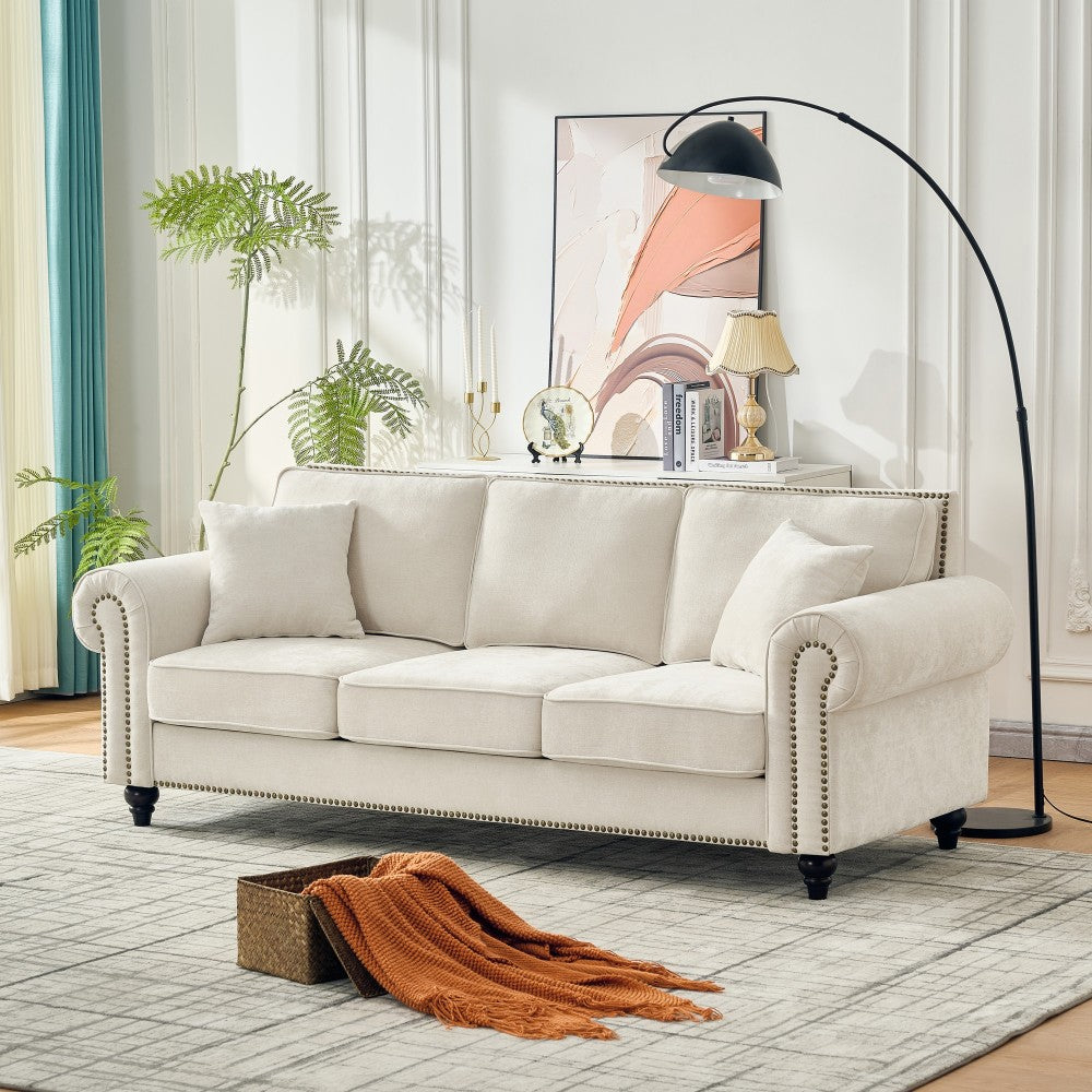 86" Modern 3-Seater Sofa with Rolled Arms,Chenille Upholstered Couch with Wood Legs and Nailhead Trim for Living Room, Apartment,Beige