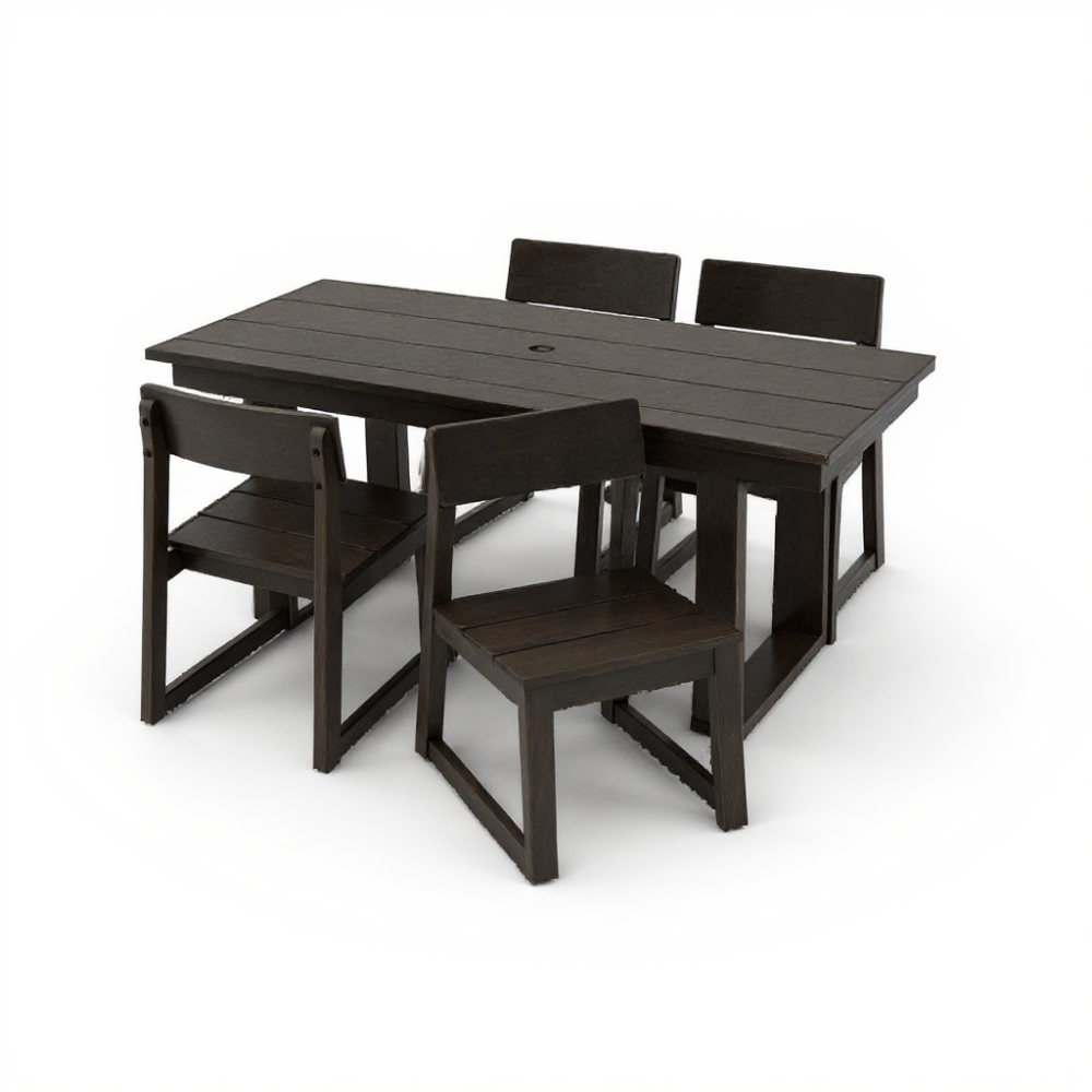 5-Piece HDPE Outdoor Dining Set for 4 – Weather-Resistant Patio Table and Chairs with Umbrella Hole, Black Furniture for Backyard, Garden, Lawn, or Poolside