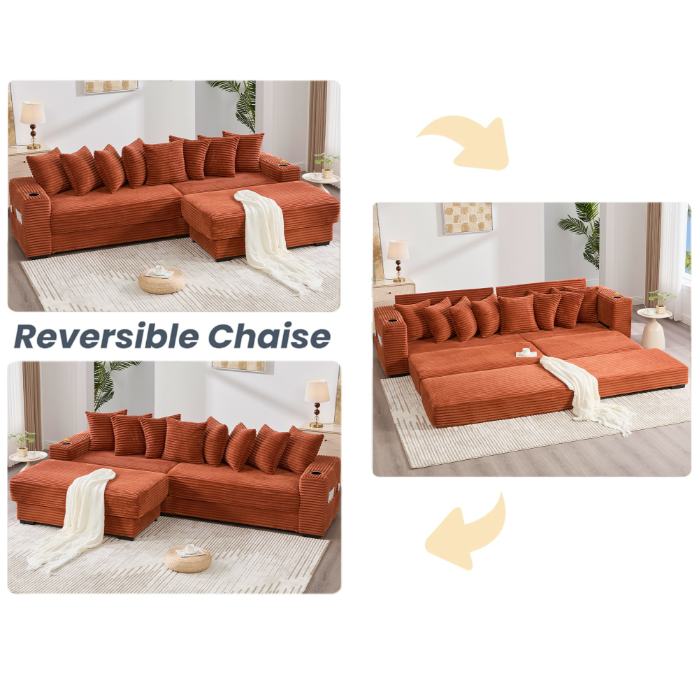 [NEW ARRIVED] [VIDEO PROVIDED]   110.75" Modular L Shaped Sofa, Corduroy Fabric Sectional Couch,With a movable footstool, Cup Holders,Bring 8 throw pillows,Side Pocket,Unfold into a Bed,Orange