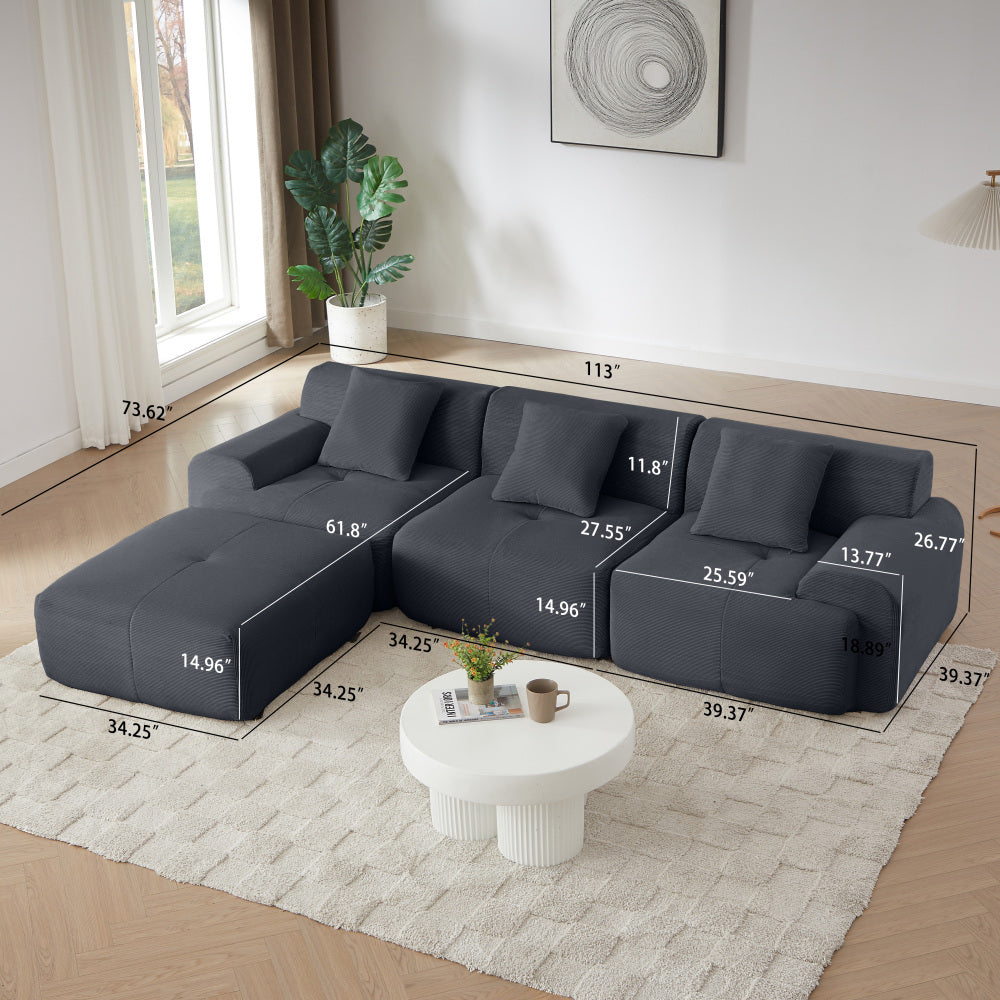 113" Modern L-Shaped Modular Sectional Sofa for Living Room, Corduroy Upholstery dark gray, Oversized 3-Seater Couch with Deep Seat and Movable Ottoman – No Assembly