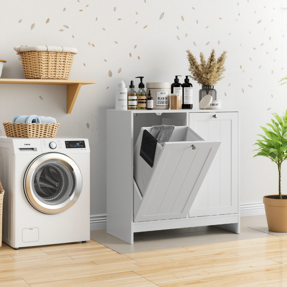 Tilted Laundry Hamper with Removable Basket, Hidden Laundry Hamper, Bathroom Laundry Hamper Storage Cabinet, Free-Standing Home Organizer, White