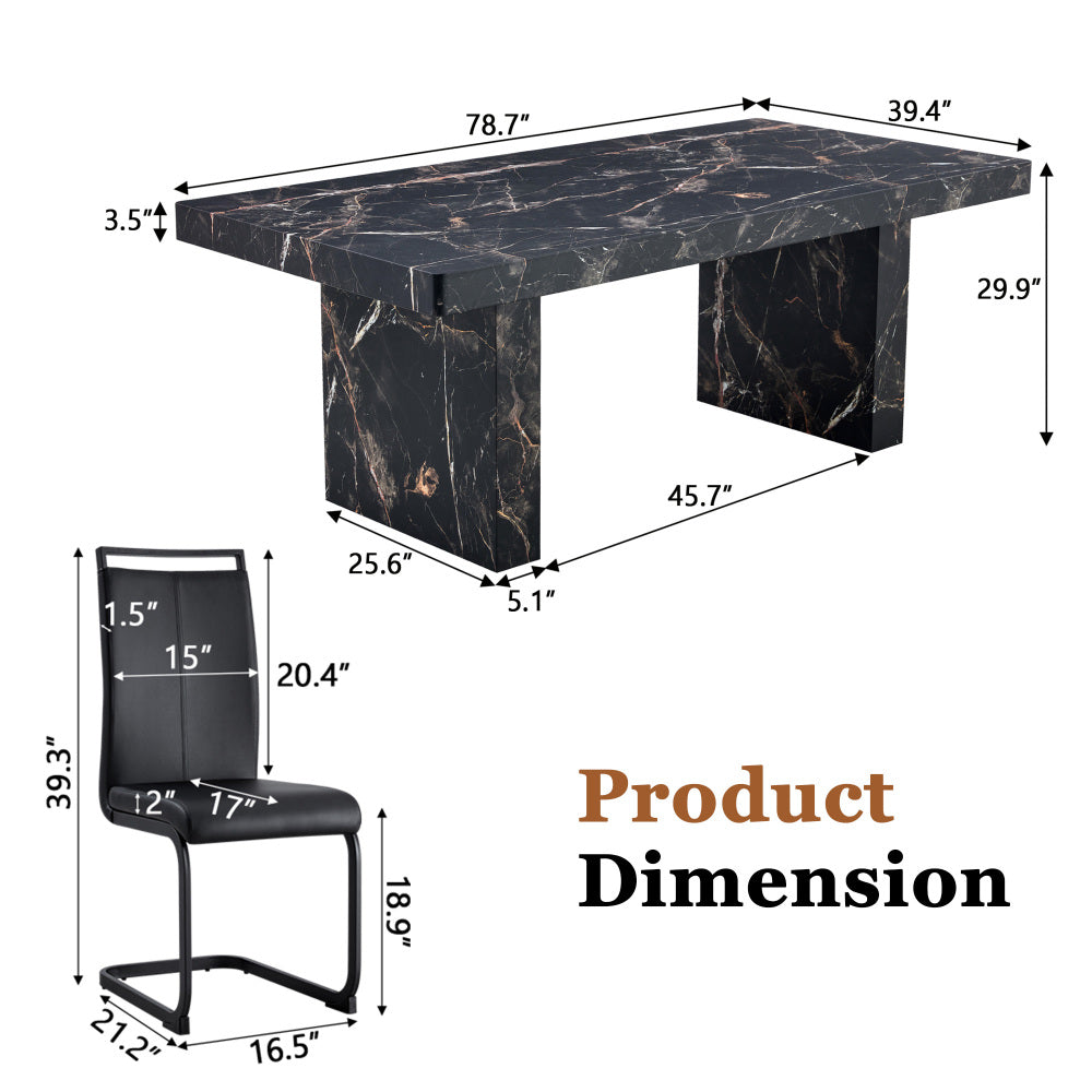 Table and chair set.78.7"*39.4"*29.9"inches MDF Luxurious Black Marble Pattern Dining Table,With a 3.5-inch thick tabletop.Paired with 10 Black PU Chairs With C-tube Black Metal Chair Legs.W1151S03925
