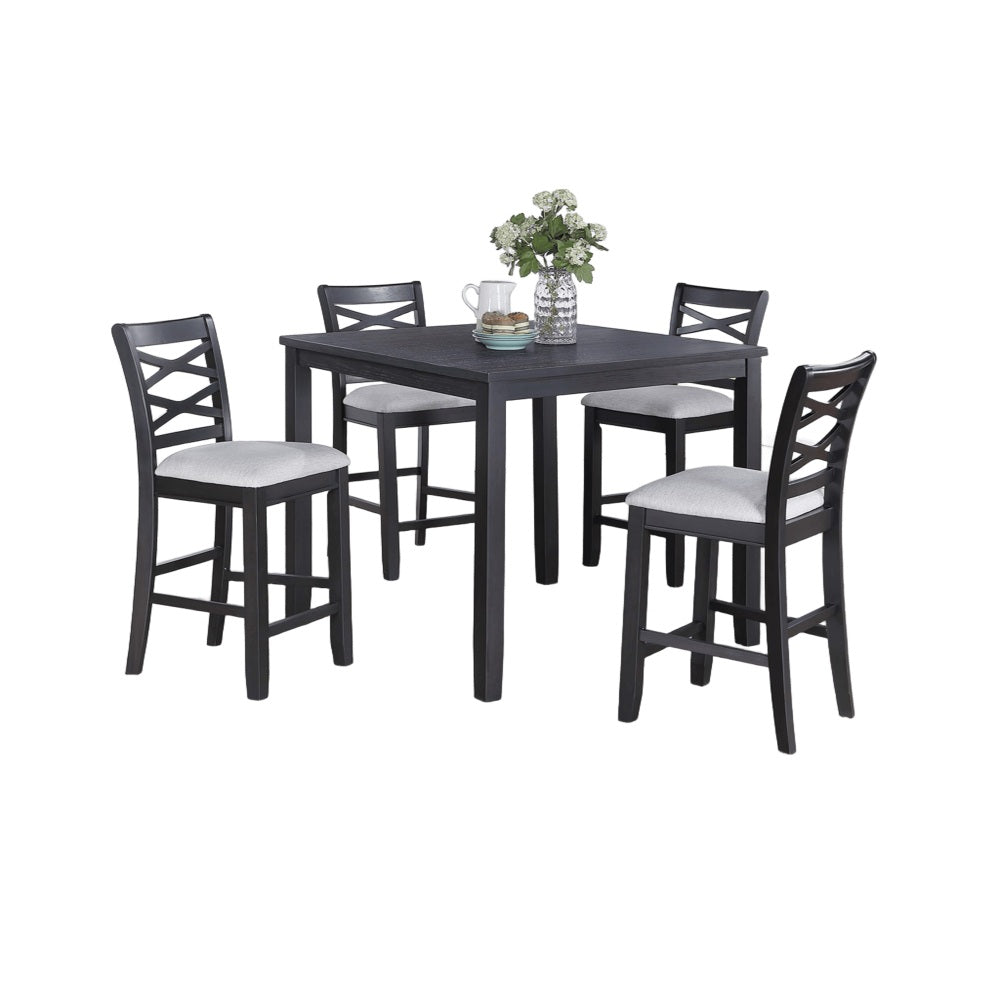 Dining Room Furniture 5pcs Set Charcoal Dining Table 4x Side Chairs Rubberwood Cross Back Design Chair Wooden Top