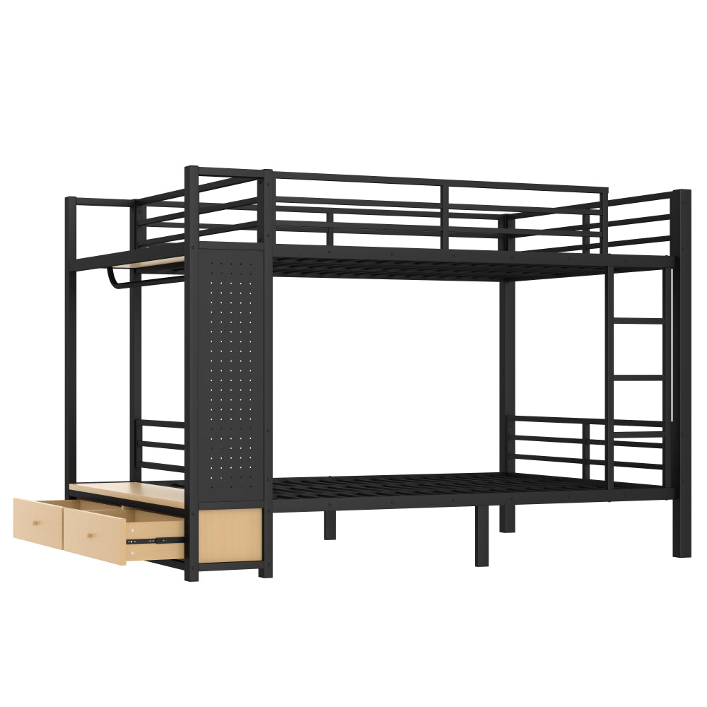 Queen over Queen size Metal Bunk Bed for Teens  with Storage Shelves ,Drawers and Pegboard,Black